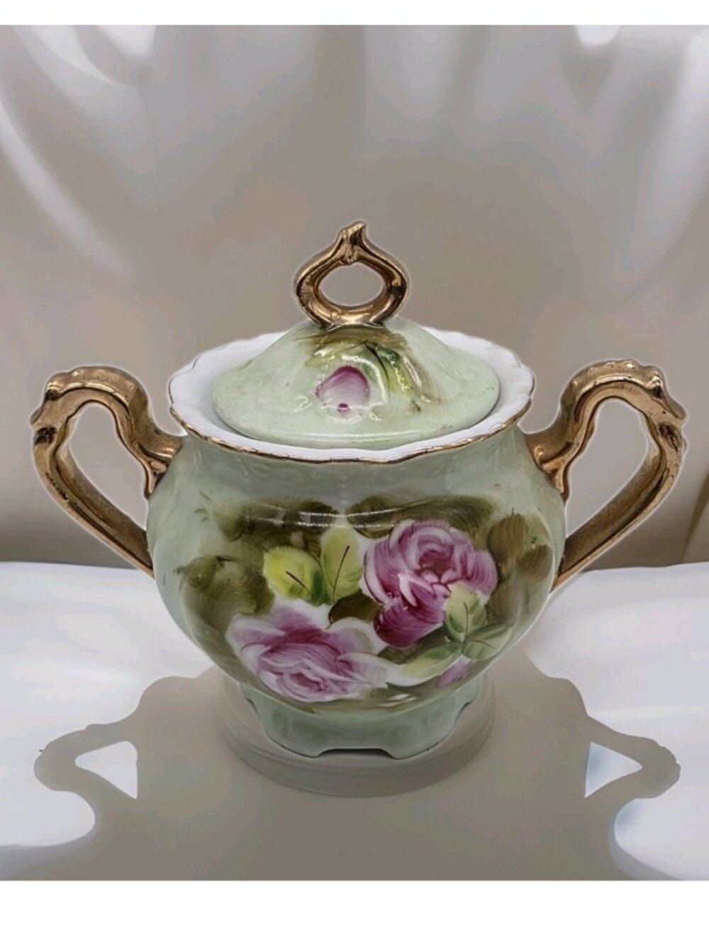 Vintage Lefton China Heritage Green With Roses Sugar Bowl With Lid Boho Tea Glam